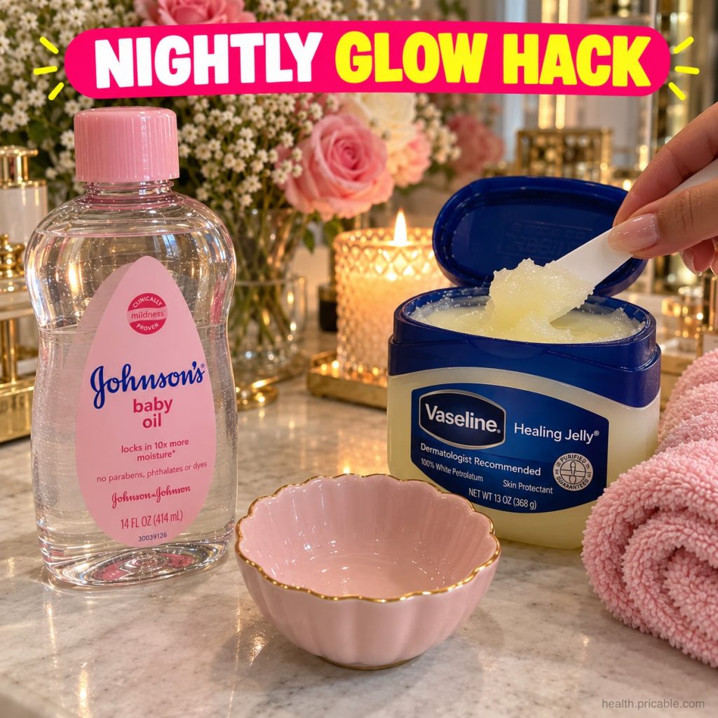 A 70-year-old woman smiling showing clear youthful-looking skin She holds a jar of Vaseline and a bottle of baby oil