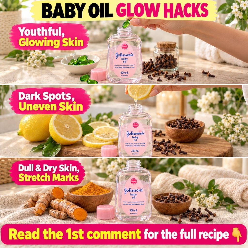 A bottle of Johnson s Baby Oil surrounded by natural kitchen ingredients like lemon honey and a small aloe vera leaf all