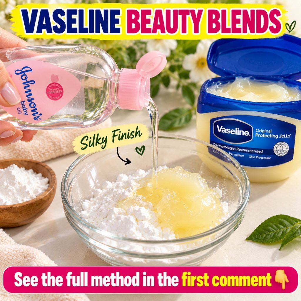 A close-up of a small bowl containing a creamy white mixture with a jar of Vaseline a box of cornstarch and a bottle of