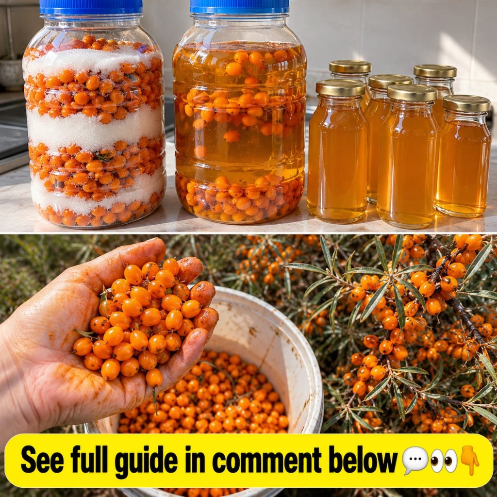 A vibrant thorny sea buckthorn bush laden with ripe orange berries in a cold wintery landscape