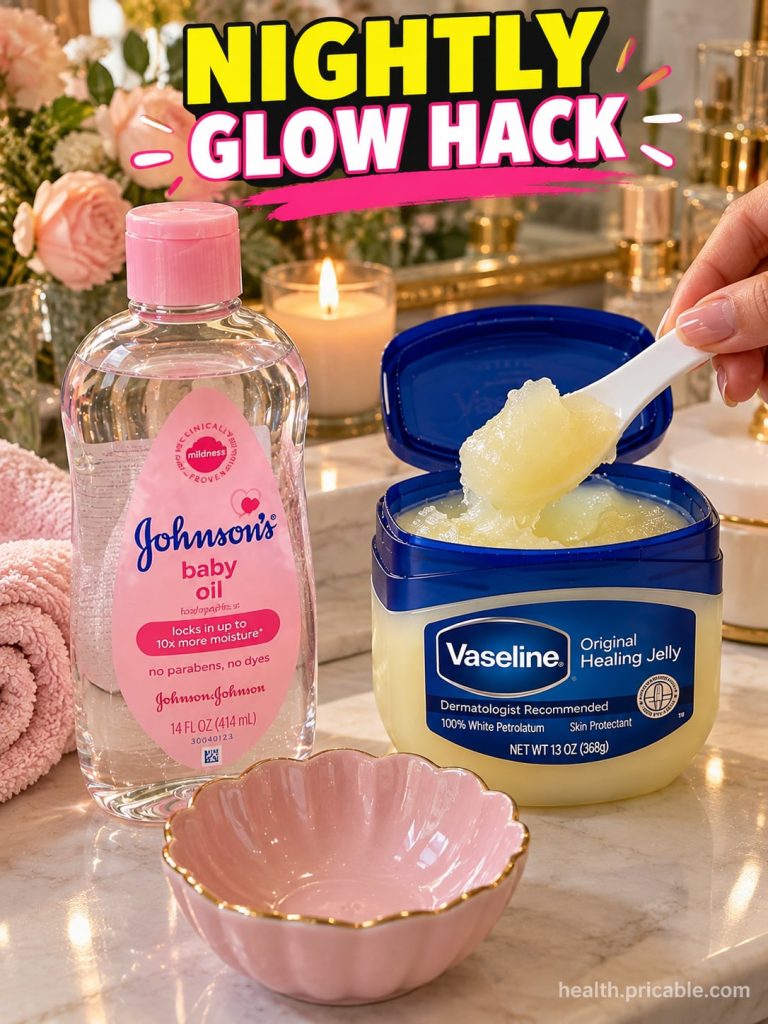 A tube of Vaseline petroleum jelly and a bottle of baby oil side by side on a clean light surface evoking a simple beaut
