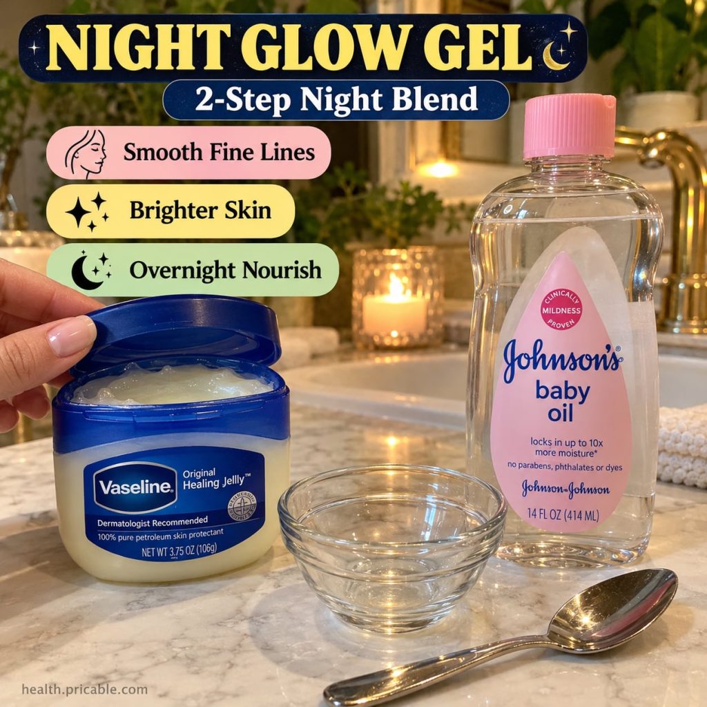A small jar of homemade Night Glow Gel with a spoon next to open containers of Vaseline and Johnson s Baby Oil set again