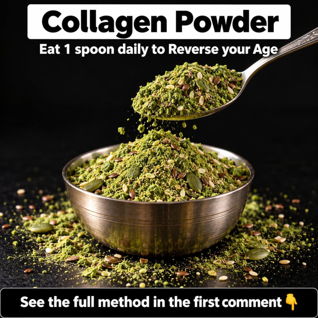 A close-up of a glass jar filled with homemade collagen powder with a spoon beside it surrounded by natural ingredients 