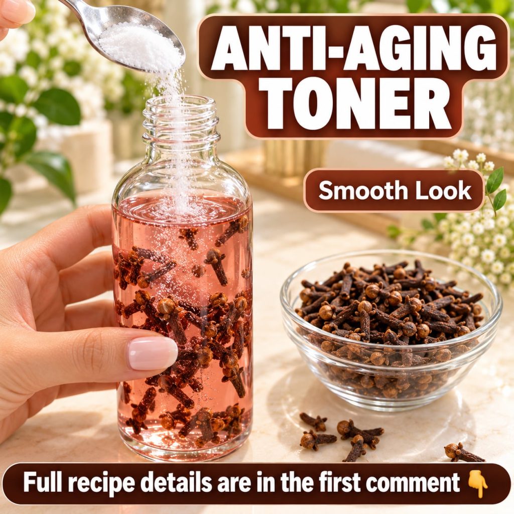 A close-up shot of dried cloves in a small wooden bowl next to a bottle of homemade toner and a fresh green leaf suggest