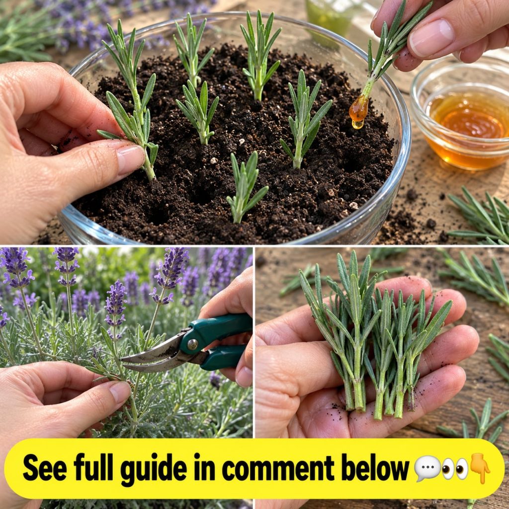 A close-up shot of a gardener s hands carefully taking a cutting from a healthy lavender plant with clean pruning shears