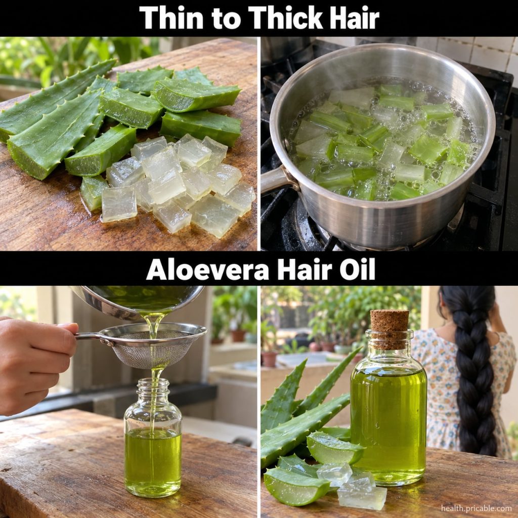 Ingredients for DIY aloe vera hair oil fresh aloe vera leaf a bottle of carrier oil like coconut or olive oil and a smal