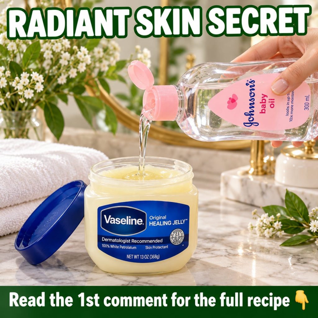 A small glass jar containing a creamy mixture of Vaseline and baby oil with a hand gently mixing it There are separate c