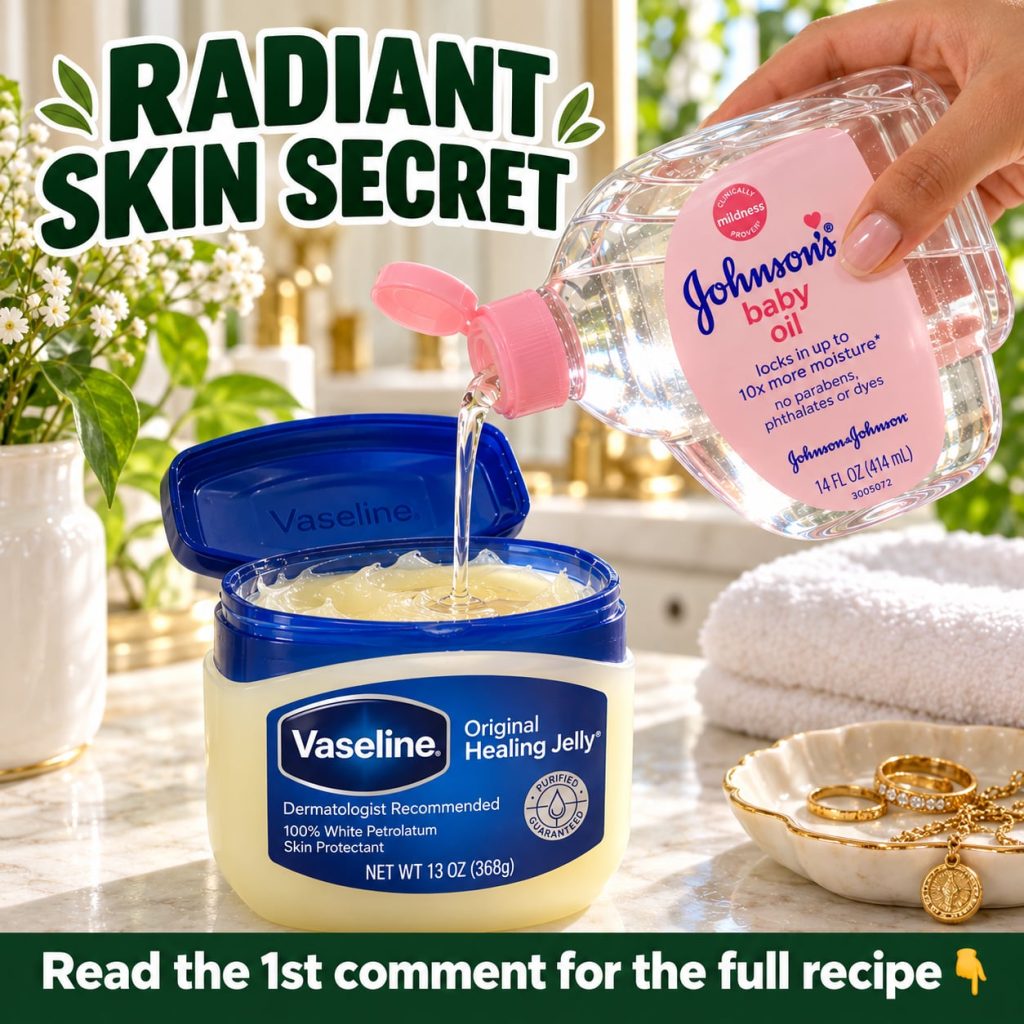 A jar of Vaseline petroleum jelly next to a bottle of Johnson s Baby Oil with a small dish containing a creamy mixture o