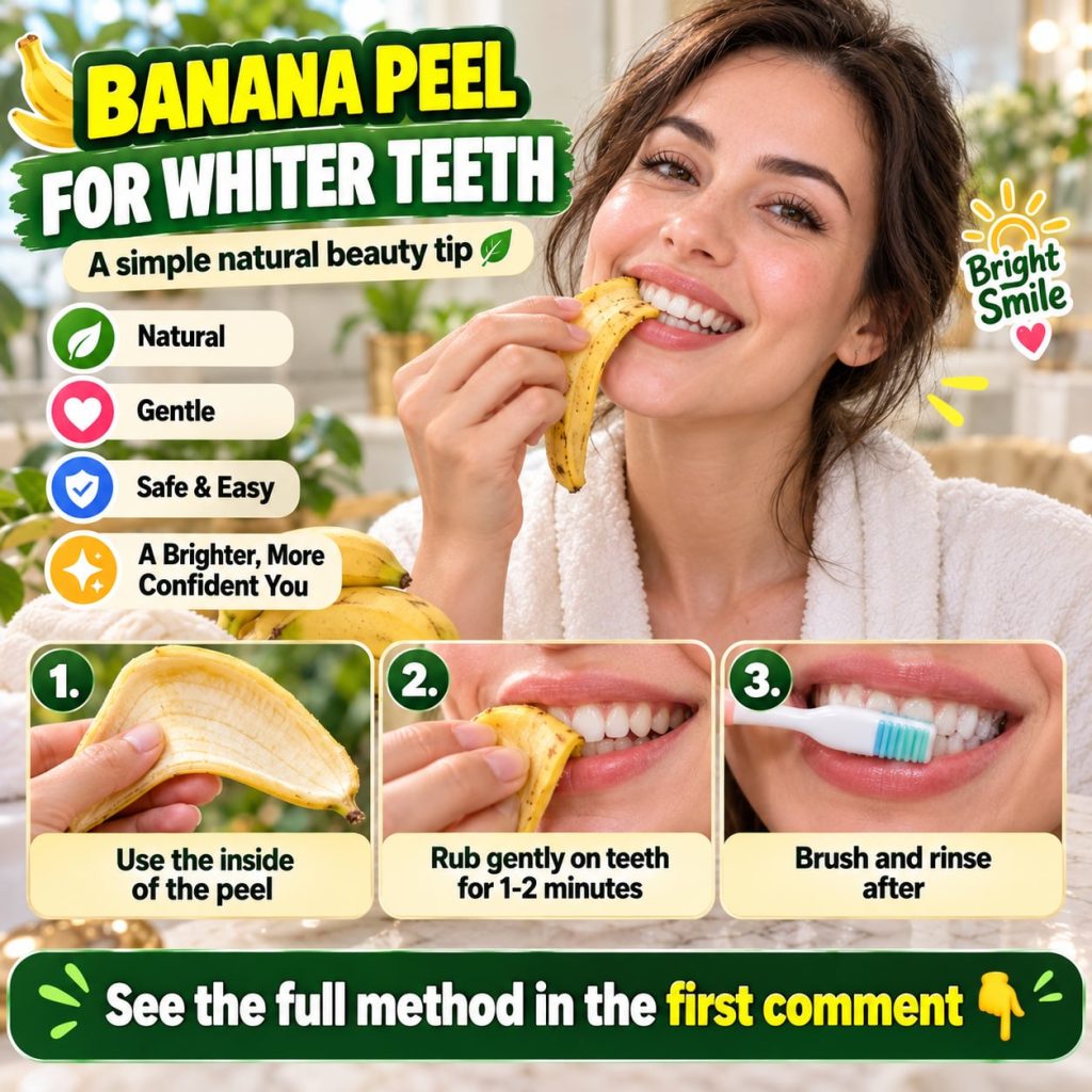 A person gently rubbing the inside of a banana peel on their front teeth with a soft natural background The focus is on 