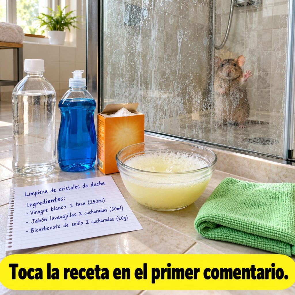 Common cleaning ingredients white vinegar dish soap baking soda arranged on a bathroom floor with a prepared foamy clean