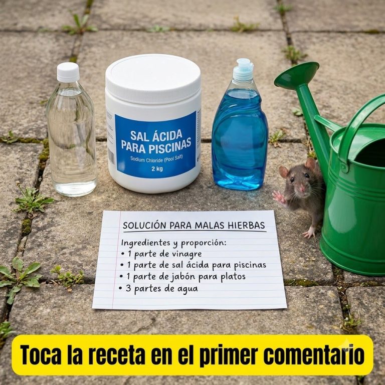 Ingredientes para herbicida casero vinagre sal de piscina y jabón lavavajillas junto a una botella pulverizadora y un ca