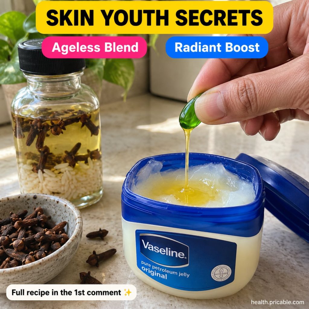 Ingredients for a DIY beauty balm petroleum jelly baby oil whole cloves raw rice and Vitamin E capsules arranged on a cl