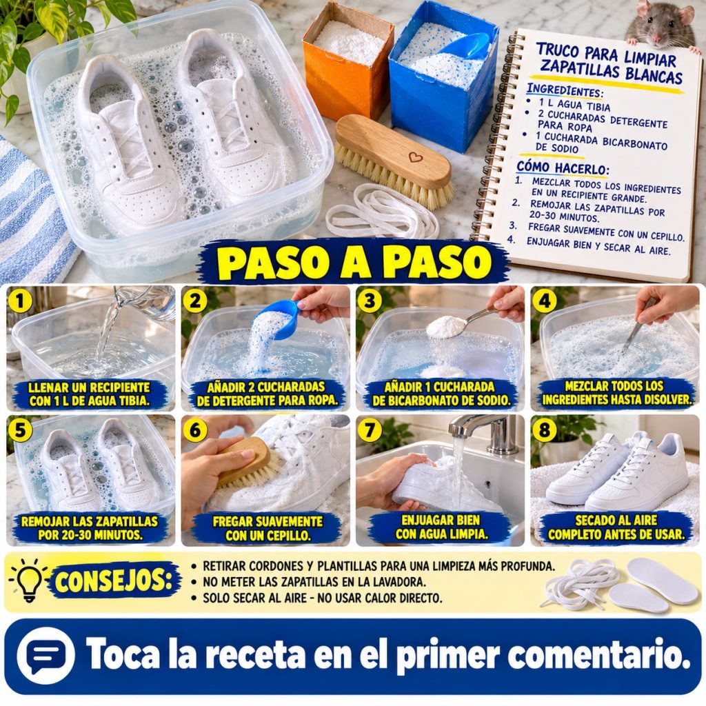 A visual step-by-step guide for cleaning white sneakers showing two white sneakers soaking in a bubbly solution cleaning