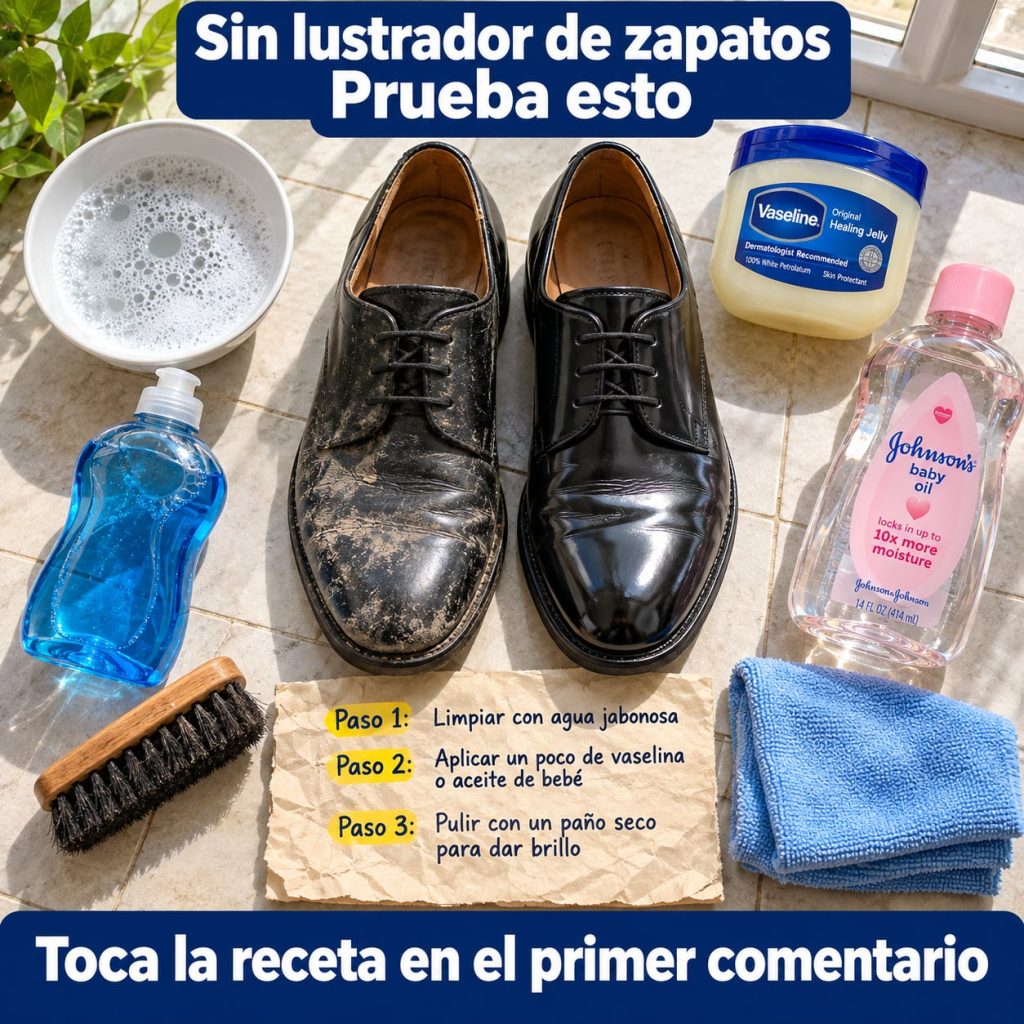 Two black dress shoes one dirty and one shiny surrounded by dish soap baby oil Vaseline a brush a cloth and a bowl of so