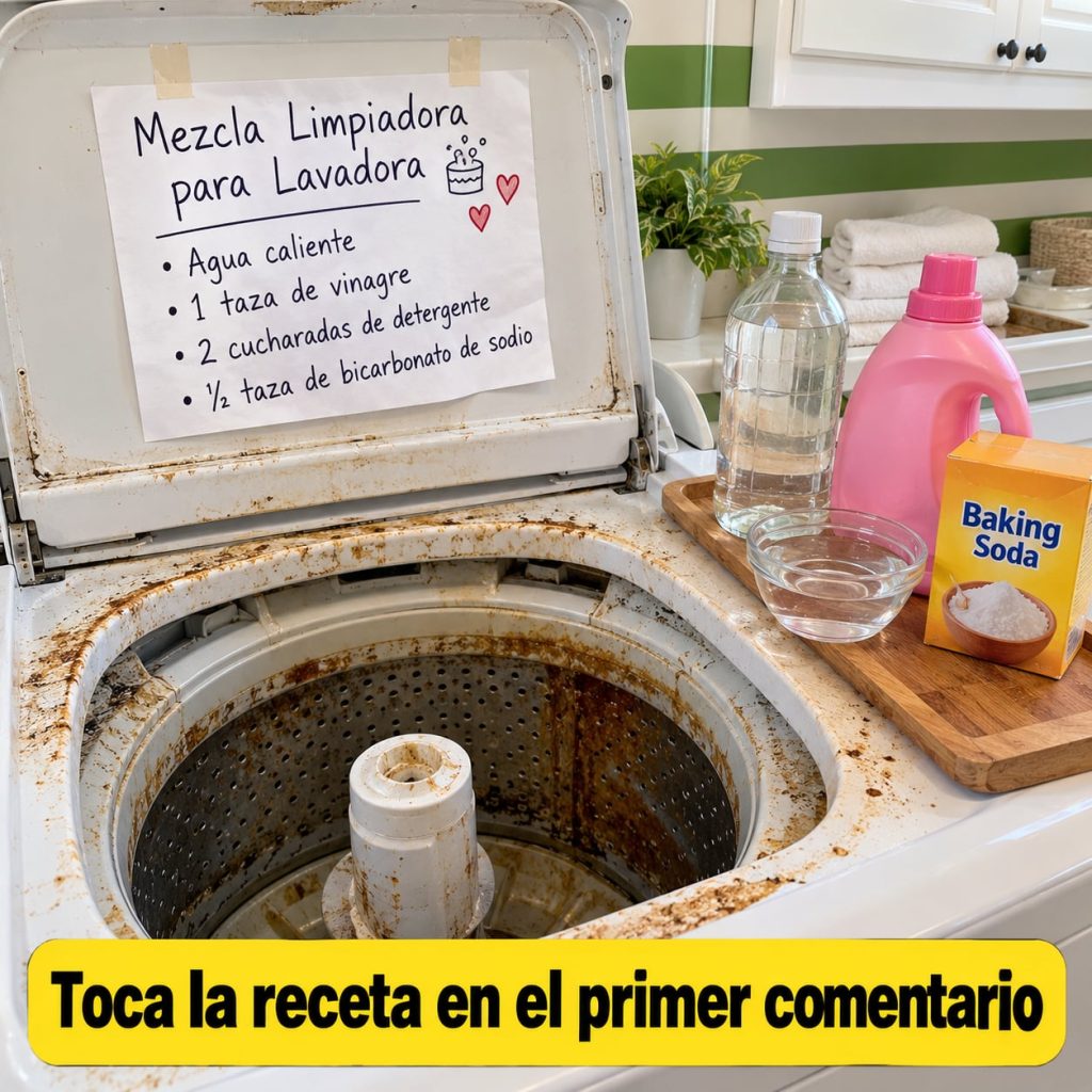 A top-loading washing machine very dirty with rust-like stains and grime inside with a handwritten recipe note on the li