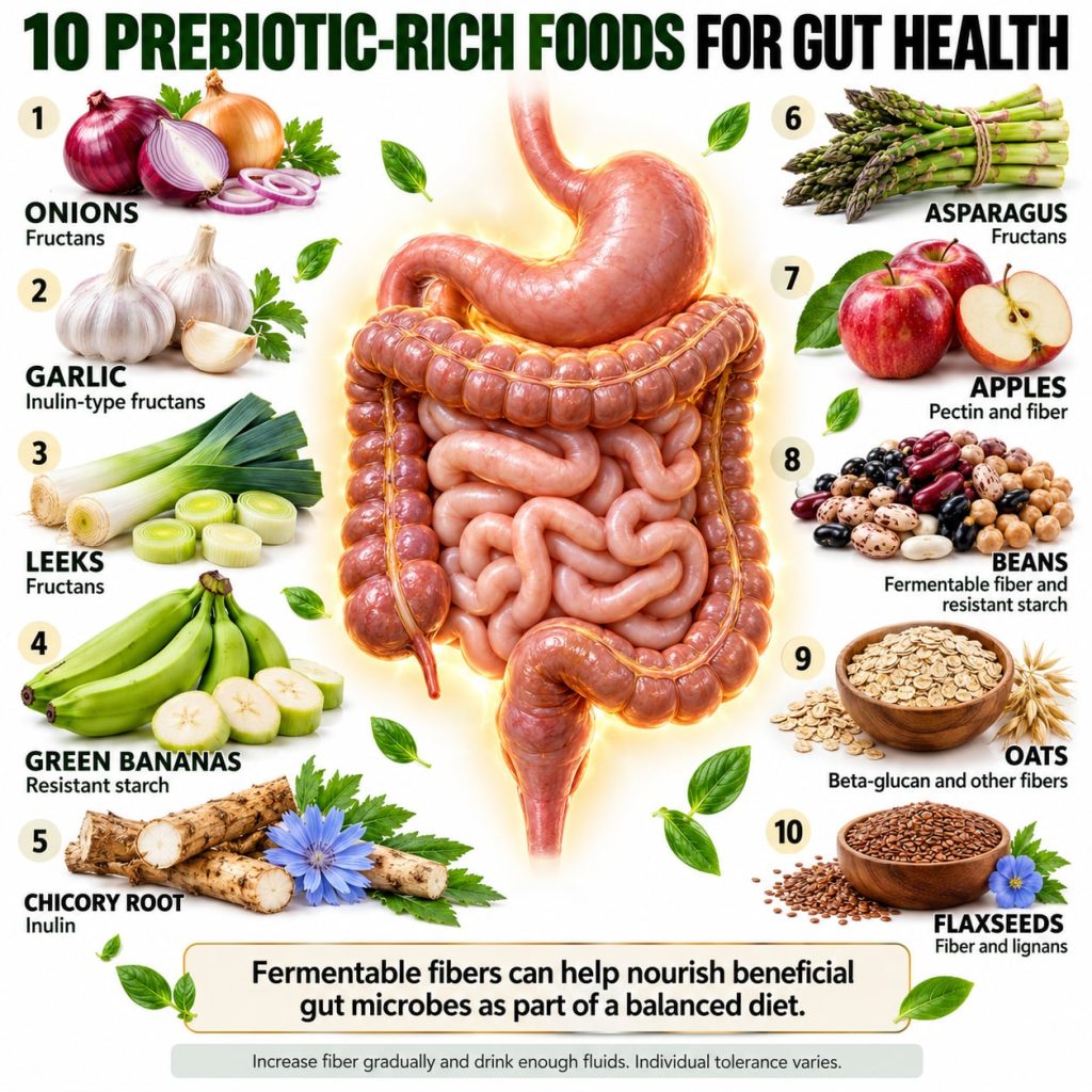 A vibrant flat lay of various prebiotic-rich foods including onions garlic leeks green bananas apples oats beans and fla