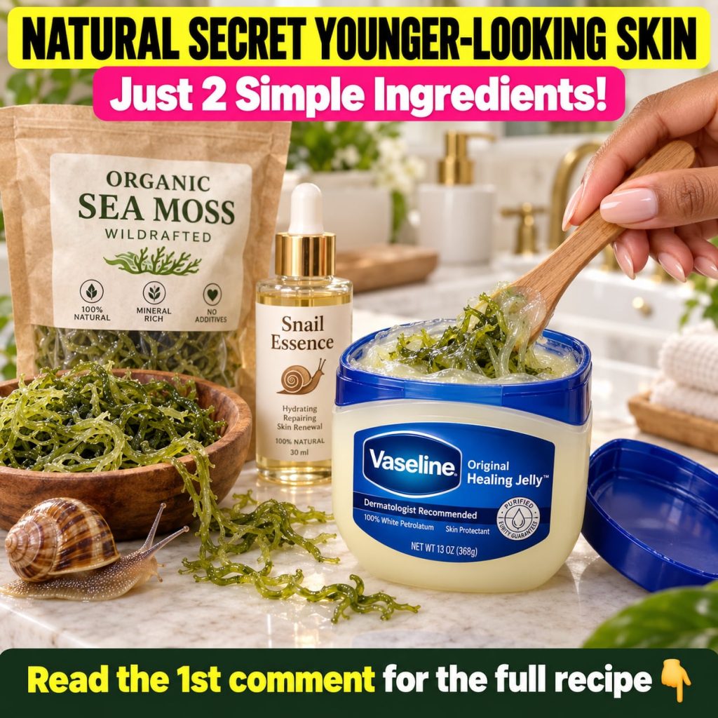 A small glass jar containing a light green creamy mixture of Vaseline and sea moss with a fresh sprig of sea moss next t