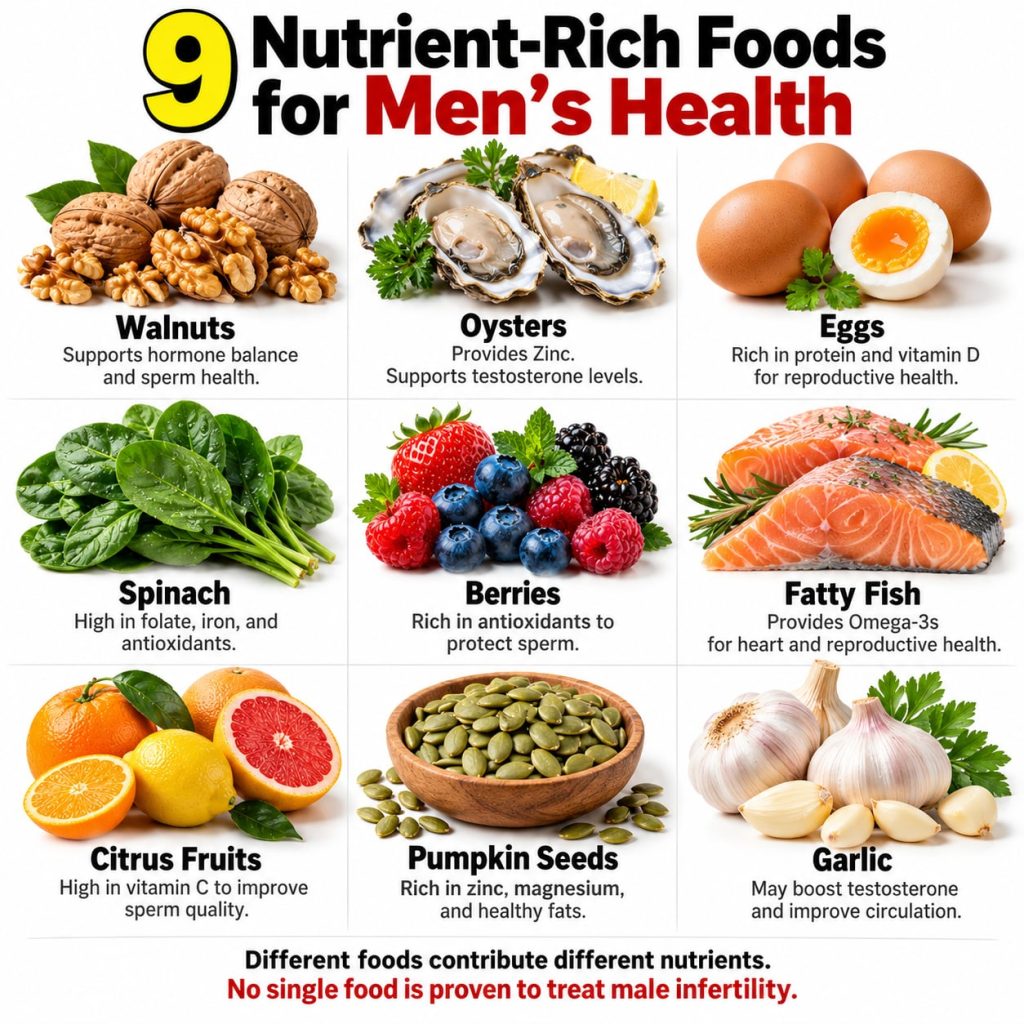An infographic titled 9 Nutrient-Rich Foods for Men s Health showcasing images of walnuts oysters eggs spinach berries f