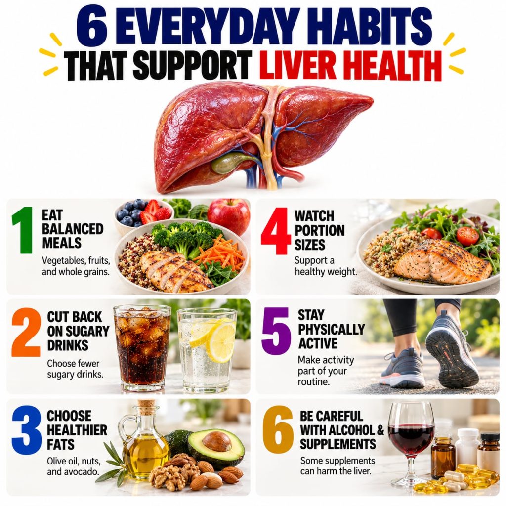 An infographic titled 6 EVERYDAY HABITS THAT SUPPORT LIVER HEALTH listing six habits for liver support The habits are Ea