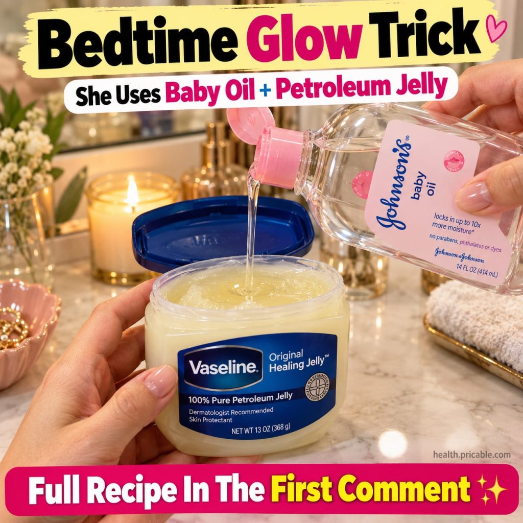 A small glass jar with a mixture of petroleum jelly and baby oil next to a bottle of Vaseline and a bottle of baby oil o