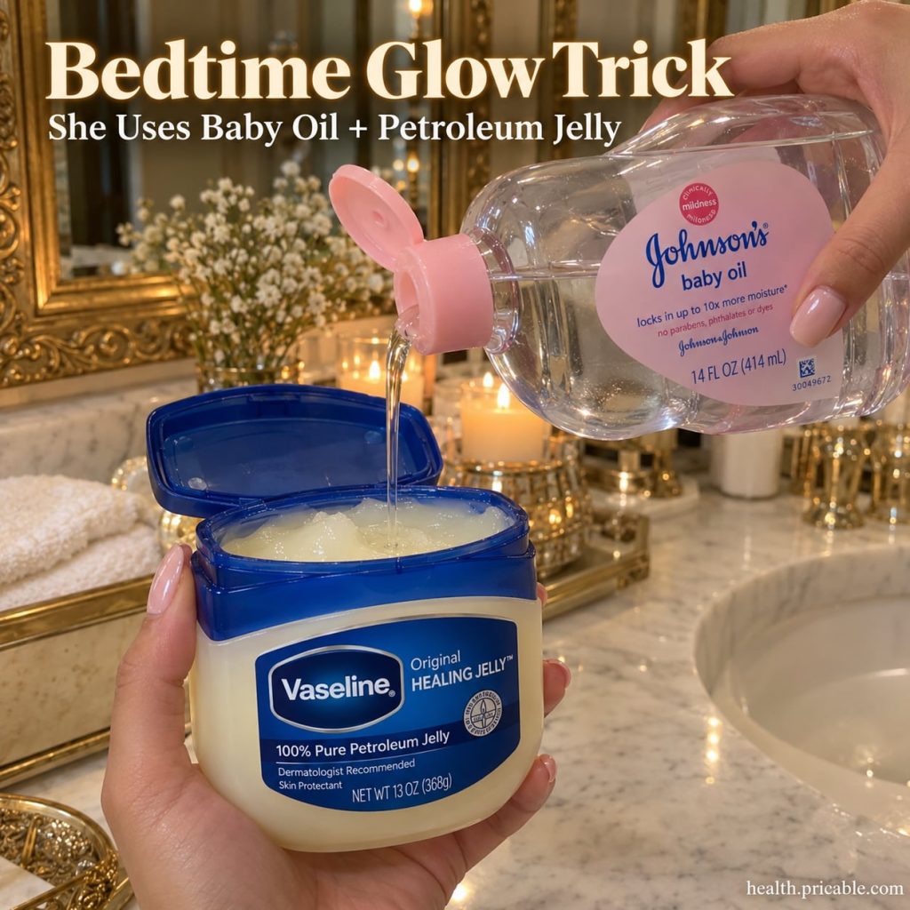 A small white bowl with a scoop of petroleum jelly and a bottle of baby oil next to it set against a soft glowing backgr