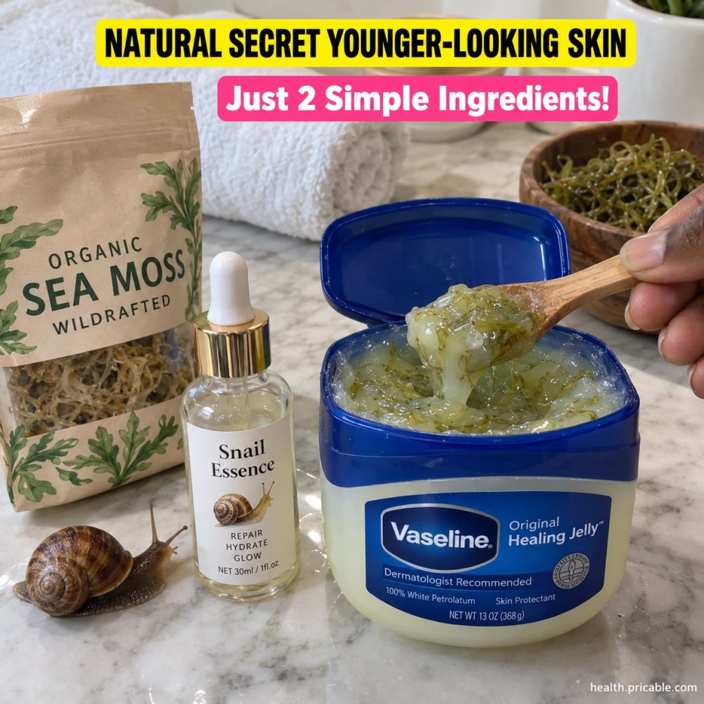 Ingredients for a DIY beauty blend a jar of sea moss gel a bottle of snail mucin essence and a tub of petroleum jelly Va
