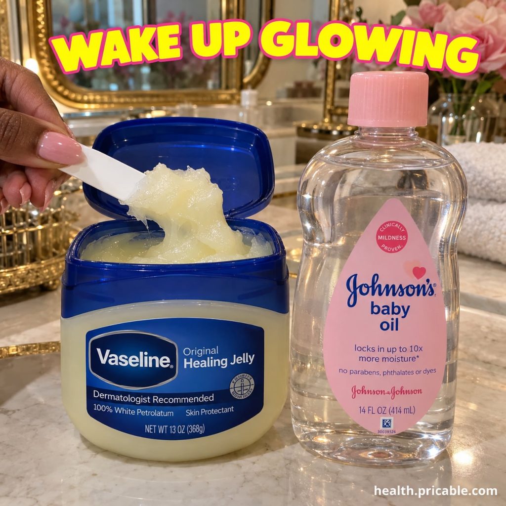 A woman gently applying a small amount of a mixed petroleum jelly and baby oil blend to her face at night in a soft warm