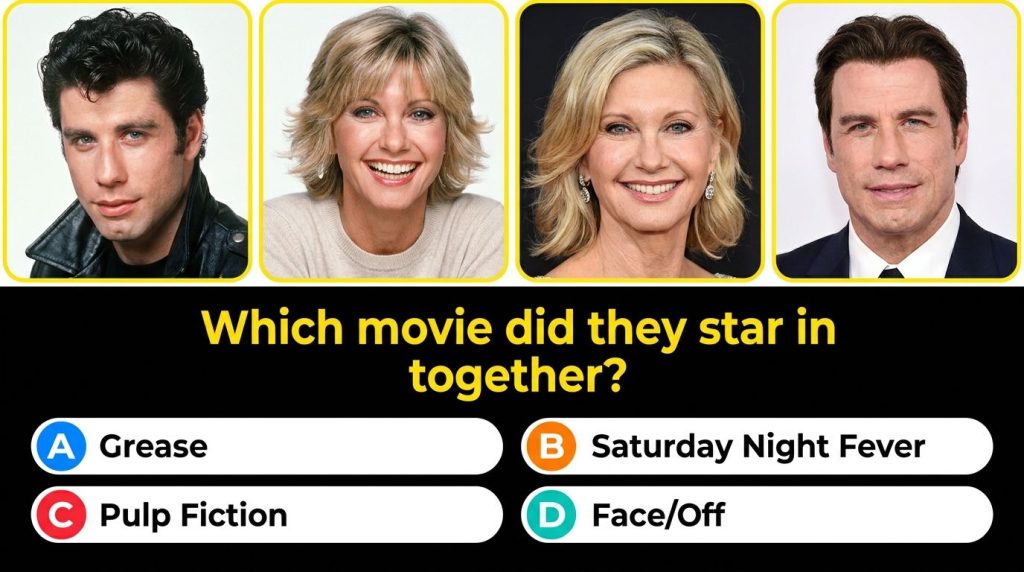 A vibrant stylized portrait of John Travolta and Olivia Newton-John from the Grease era with Travolta in a dark jacket a