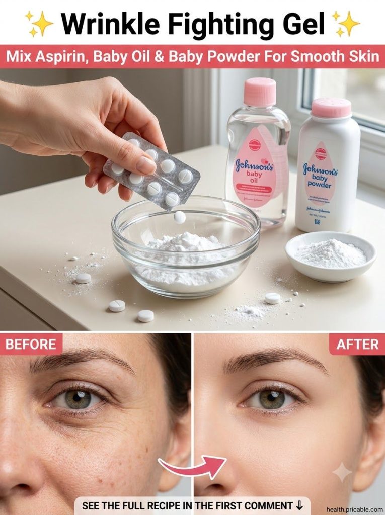 Ingredients for the aspirin baby oil and baby powder remedy laid out on a clean surface possibly with a small bowl and s