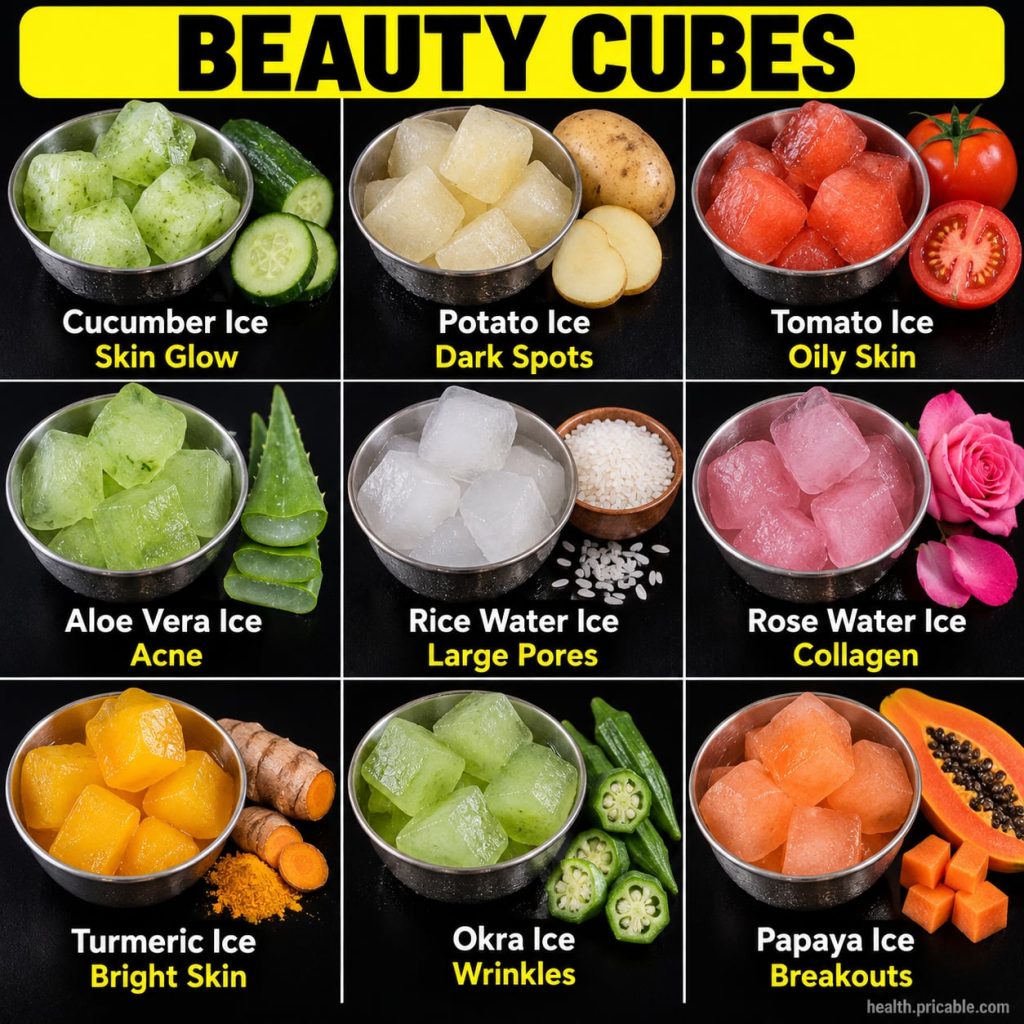 A close-up of natural beauty ice cubes in an ice tray or small bowl perhaps with some fresh rose petals or green tea lea