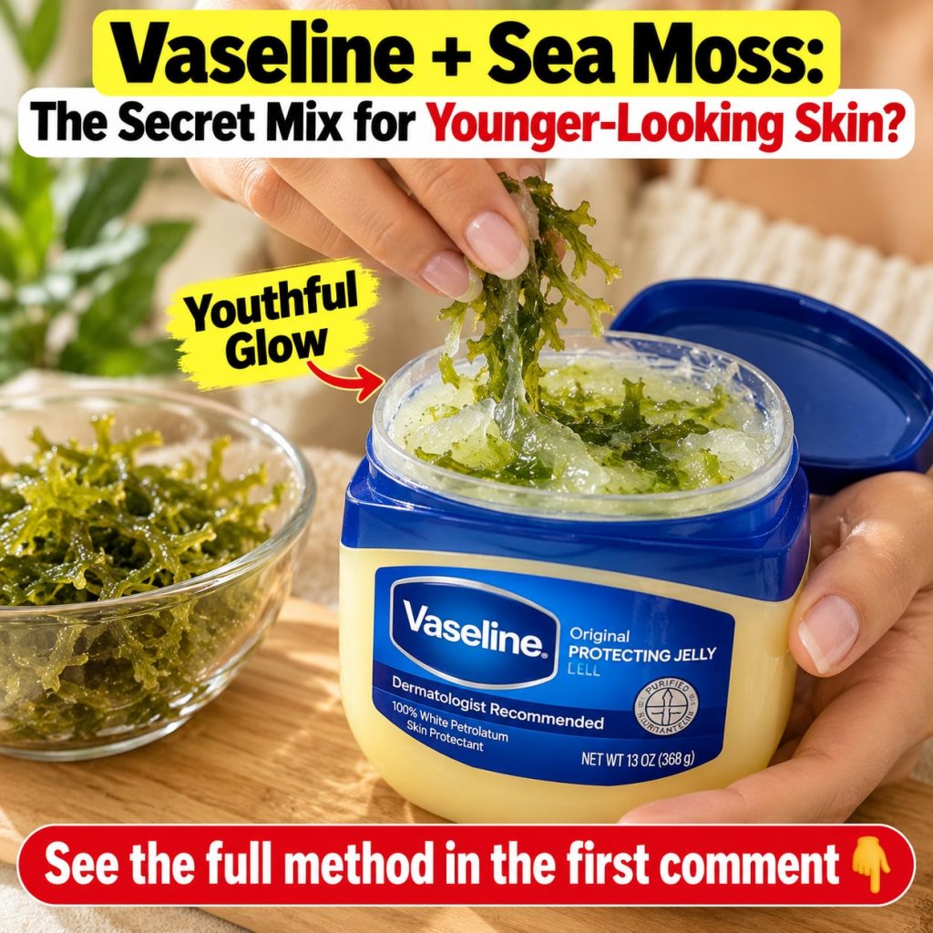 A close-up of a small glass jar containing a green gel-like sea moss mixture with a tube of Vaseline petroleum jelly pla