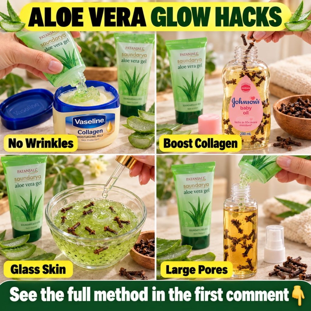 A close-up of fresh aloe vera leaves and a small bowl of clear aloe vera gel with glowing skin in the background suggest
