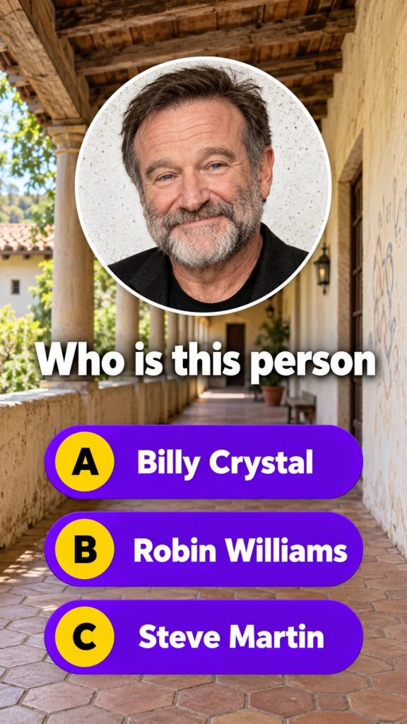 A vibrant portrait of Robin Williams mid-performance with a wide infectious smile and expressive eyes against a subtly l
