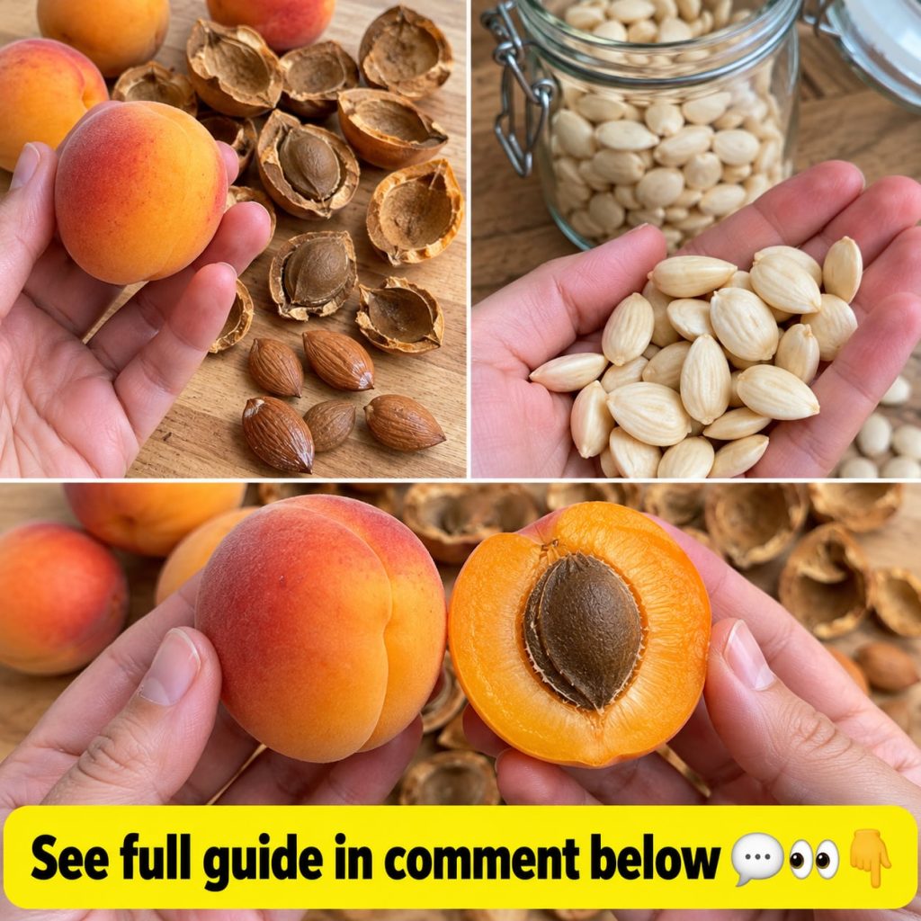 A person holding apricot seeds looking at them with a mixture of curiosity and slight apprehension against a blurred bac