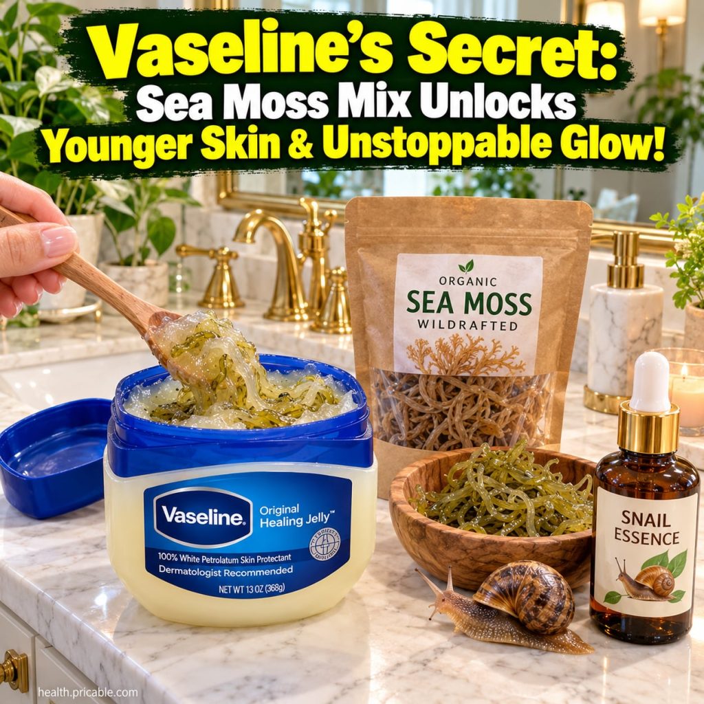 A small clear glass jar containing the prepared Vaseline and sea moss mix with a spoon next to it on a clean white surfa