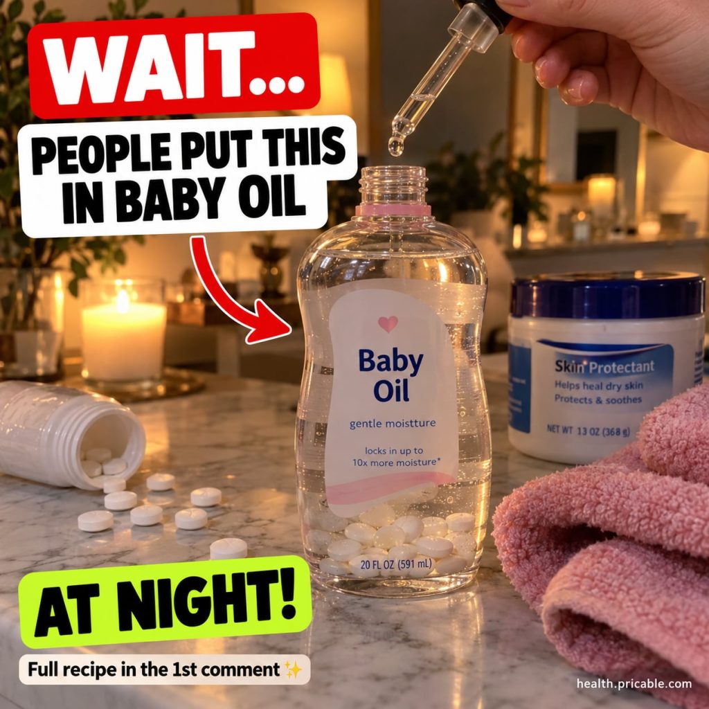 A small glass dropper bottle filled with a light oil mixture next to a bottle of baby oil and a vitamin E capsule on a c