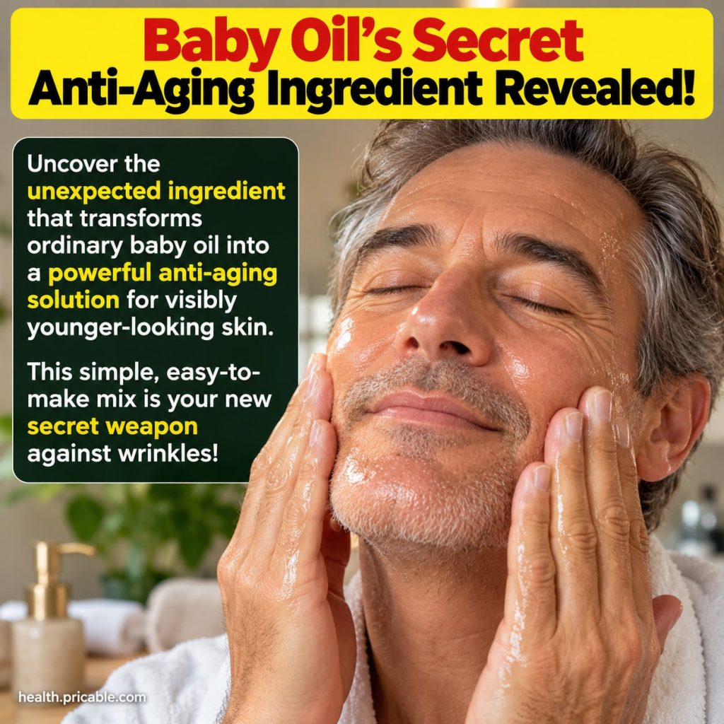 A bottle of baby oil next to a small bottle of Vitamin E oil suggesting the secret ingredient for an anti-aging blend