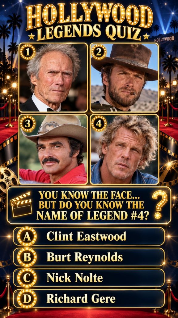 A classic Hollywood Western actor identified as legend 4 in a quiz challenge with multiple-choice options A B C or D