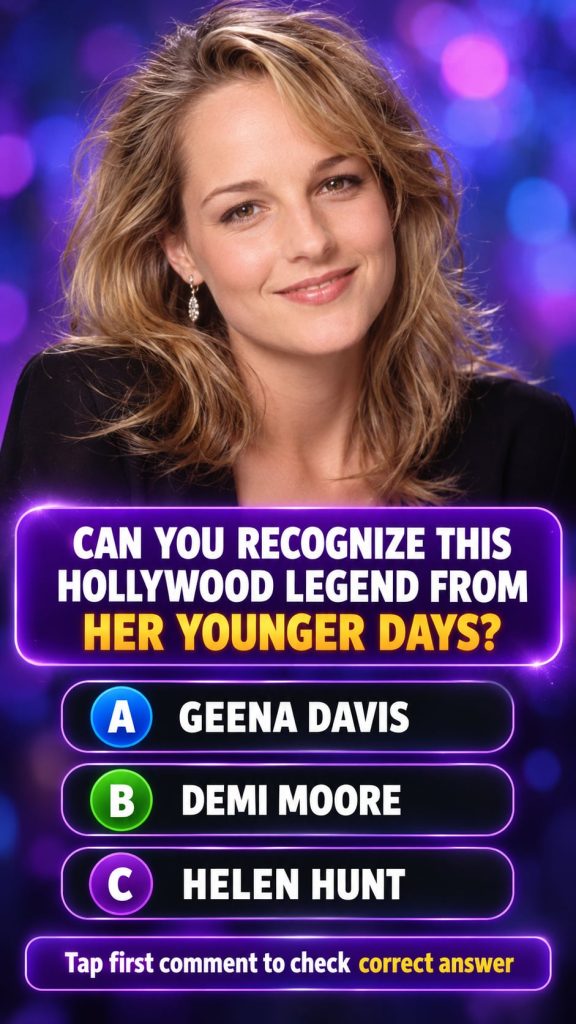 A vertical 9 16 celebrity quiz card featuring a high-resolution elegant cinematic portrait of a young iconic actress The