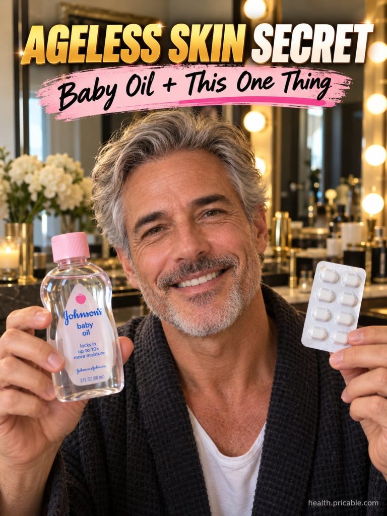 A bottle of Johnson s Baby Oil next to a small bottle or capsule of Vitamin E oil with a subtle glow effect on a clean l