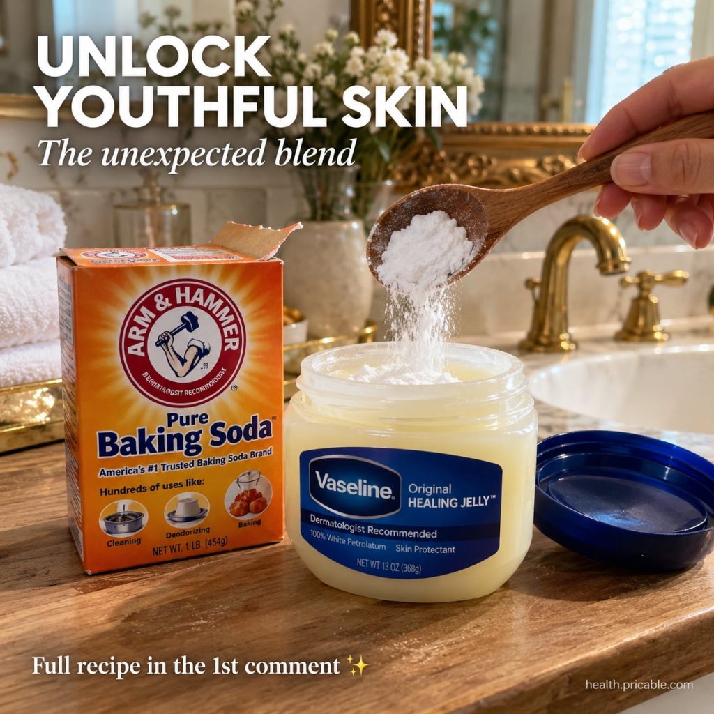 Ingredients a small jar of Vaseline and a box of baking soda neatly arranged on a clean counter