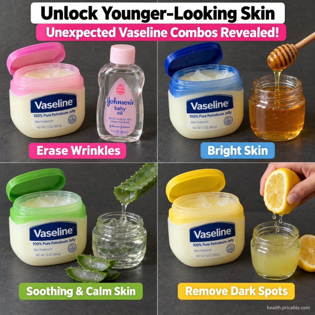A jar of Vaseline next to a small bowl of honey a cut lemon and a mixing spoon set on a clean white surface