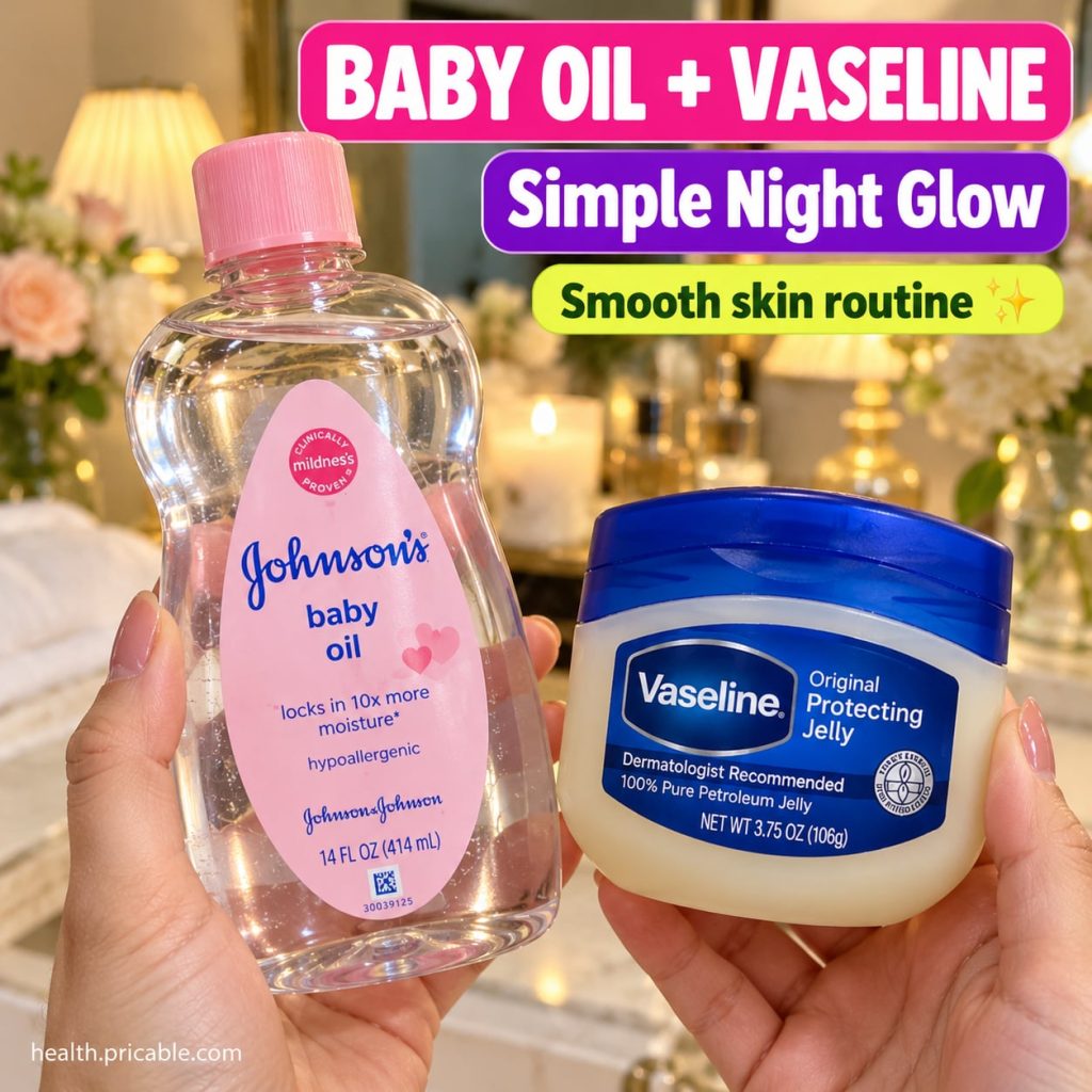 A small bottle of baby oil next to a jar of petroleum jelly on a soft glowing skin background