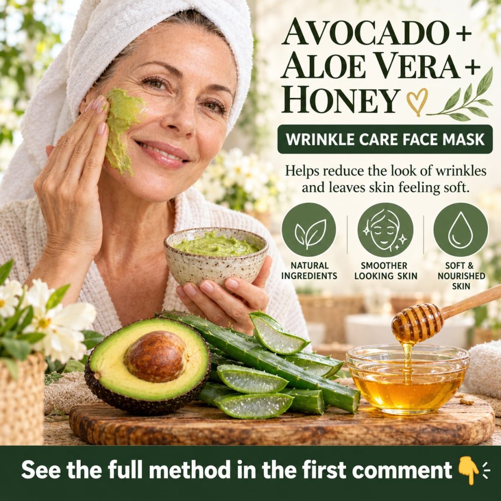 A close-up of the three ingredients for the mask half an avocado a fresh aloe vera leaf and a jar of golden honey arrang