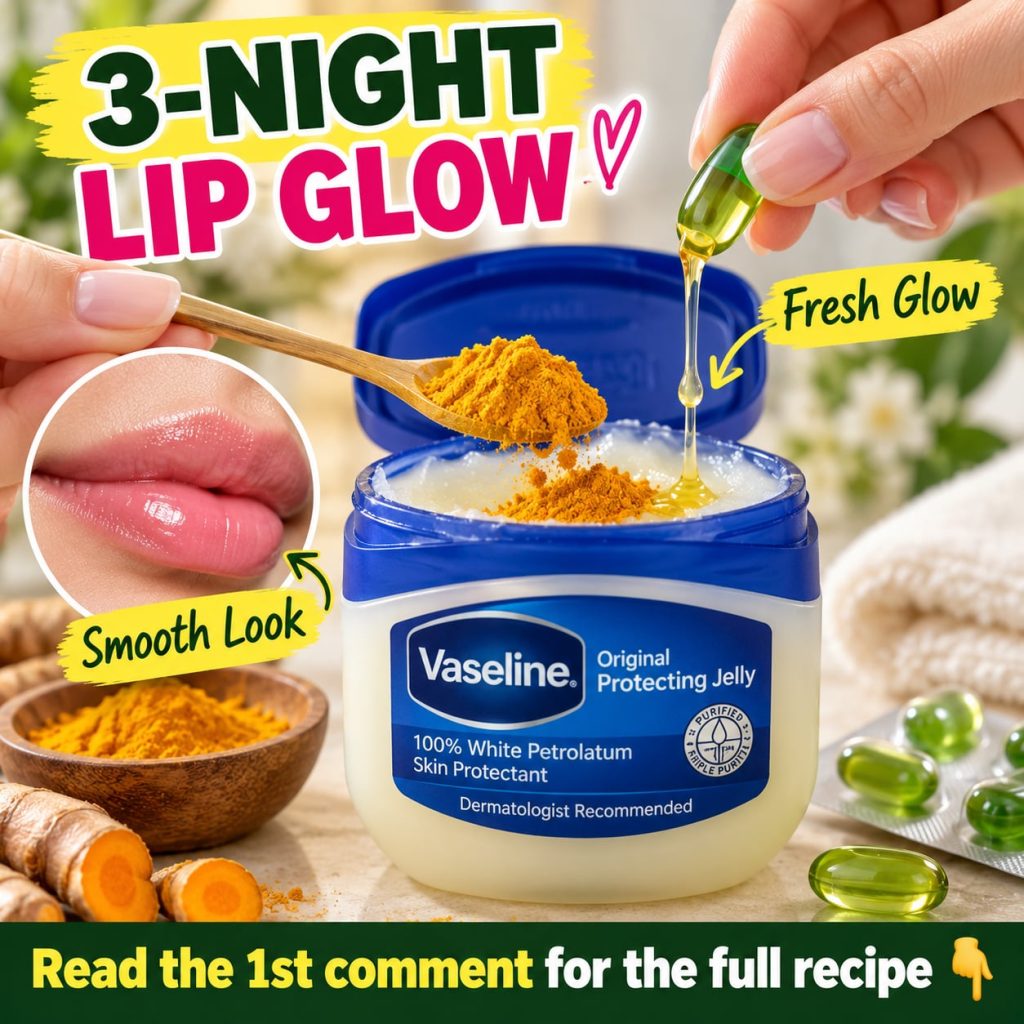 A close-up shot of lips being gently massaged with a homemade mixture of Vaseline turmeric powder and vitamin E oil The