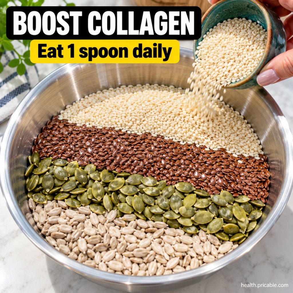 A close-up of a homemade seed powder blend in a small wooden spoon with various whole seeds flax chia pumpkin scattered