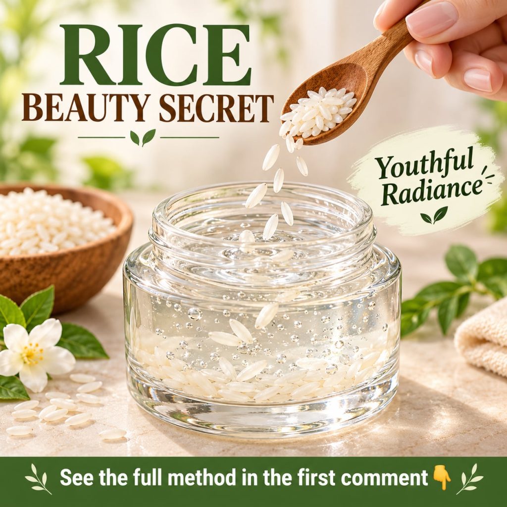 A close-up of a woman applying a rice water toner or a thin rice mask to her glowing face with a bowl of rice and some r