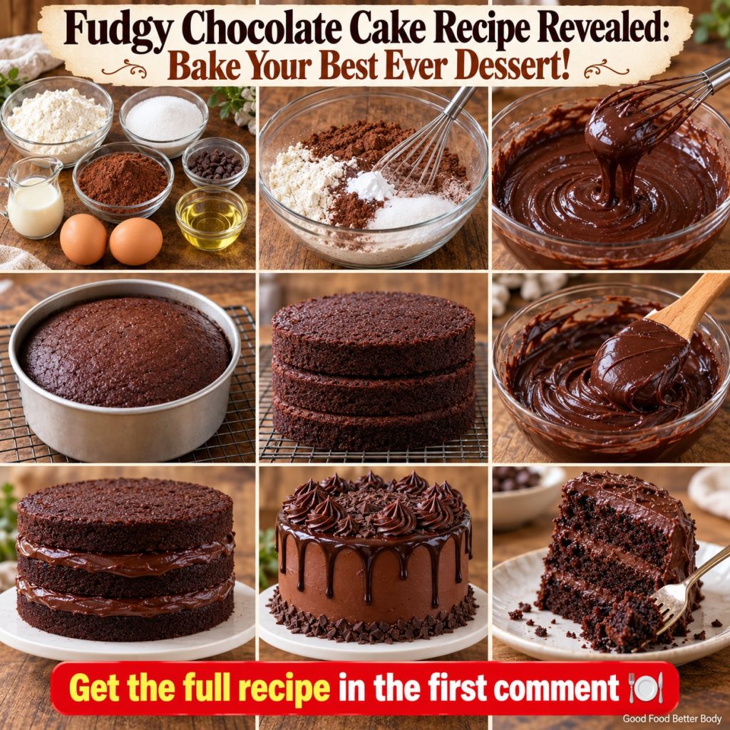 A slice of rich dark fudgy chocolate cake with glossy chocolate ganache frosting on a white plate with the rest of the c