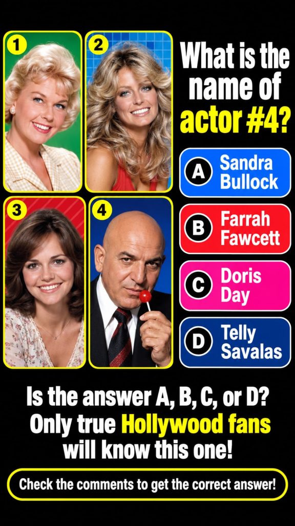 A premium vertical quiz card for Facebook Reels featuring a lineup of classic Hollywood actors with one specific bald-he