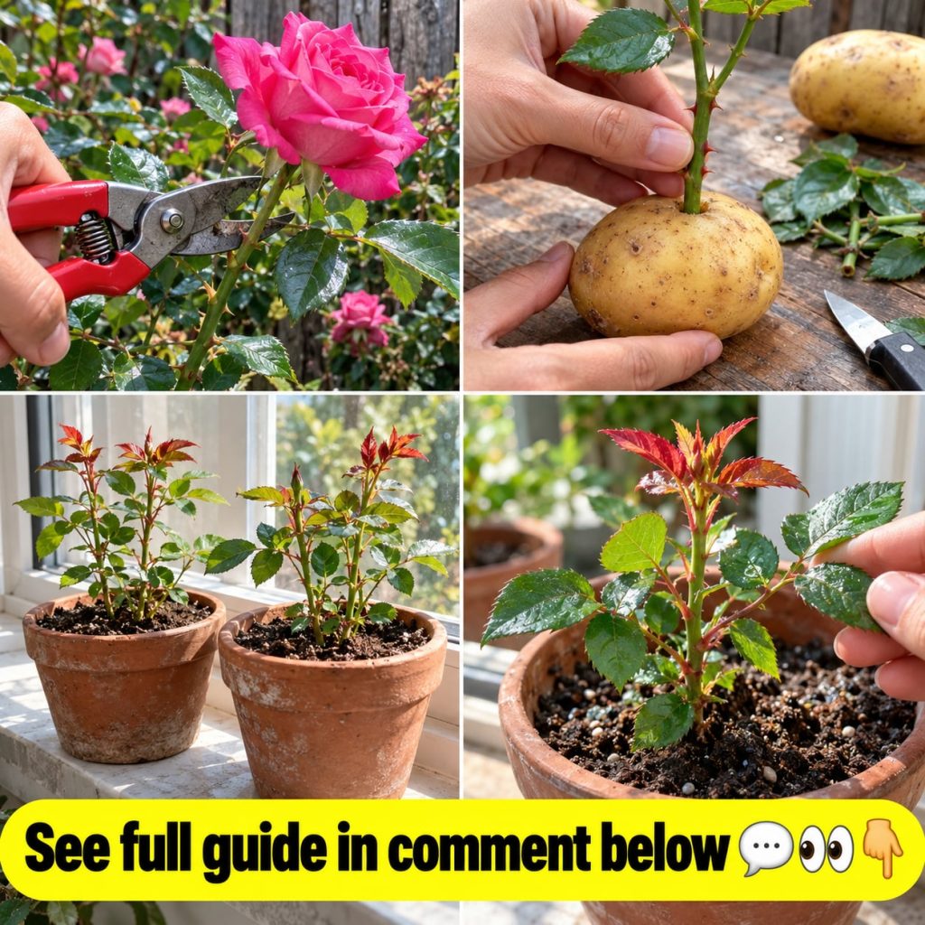 A rose stem being inserted into a potato ready for planting